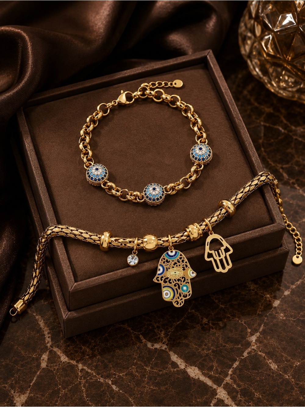 Gold Hamsa Evil Eye Charm Bracelet Set